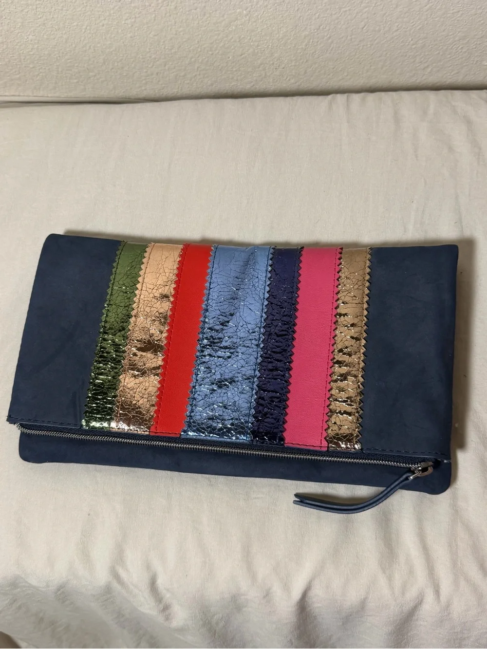Stella & Dot Navy Multicolor Metallic Stripe Foldover Clutch Bag